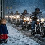 The girl stood barefoot in the snow and waited for her mother until bikers appeared on the road.